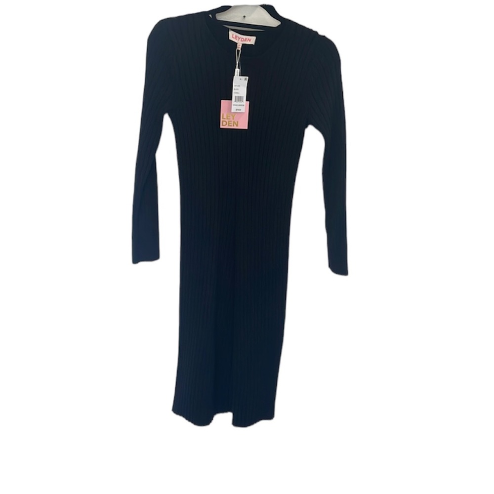 NWT Leyden ribbed fitted long sleeve midi crewneck black sweater dress size XS